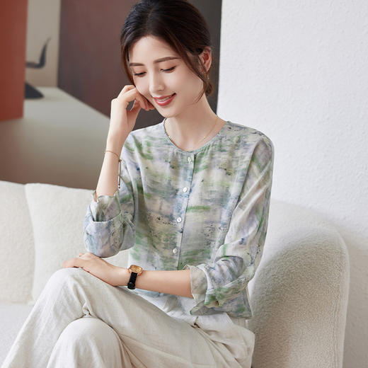 宽松圆领开衫真丝长袖衬衫，印花上衣显瘦桑蚕丝小衫KQN-11310 商品图2