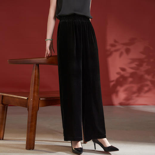 丁摩松紧高腰大码休闲裤女桑蚕丝真丝丝绒直筒长裤AL8516 商品图1