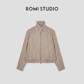 ROMI STUDIO“远山之间”100%亚麻立领收腰飞行员夹克外套 431W6038