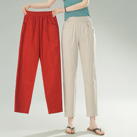 雀说棉麻裤女哈伦萝卜大码宽松高腰九分亚麻薄款直筒休闲裤子AL28589