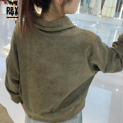 P&X设计师女装短款春秋休闲翻领学院长袖卫衣 824117820B 军绿 商品图3