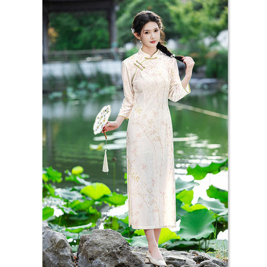 2024秋季新款民国复古国风金钻绒长款七分袖素雅旗袍SYK21927 商品图0