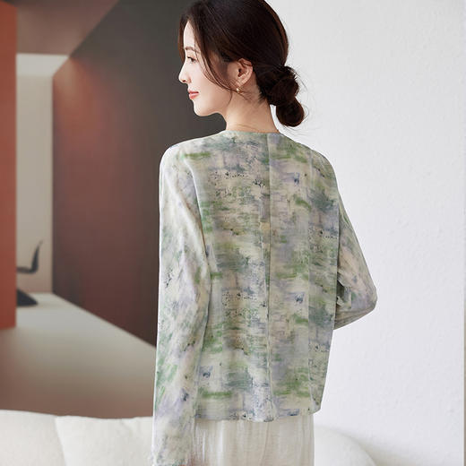 宽松圆领开衫真丝长袖衬衫，印花上衣显瘦桑蚕丝小衫KQN-11310 商品图3