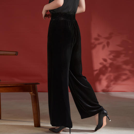 丁摩松紧高腰大码休闲裤女桑蚕丝真丝丝绒直筒长裤AL8516 商品图3