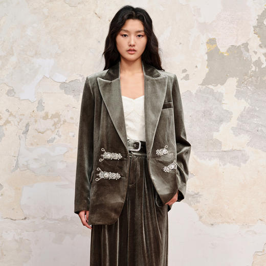 幽径绿廓形丝绒外套秋季通勤风西服上衣女 商品图2
