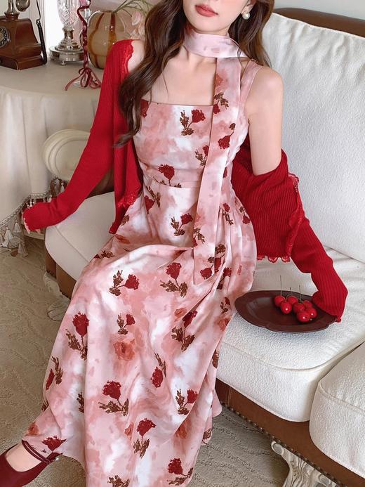 张心子【雾色玫瑰】法式浪漫印花雪纺吊带连衣裙女秋季新款长裙仙 U2408081 商品图6