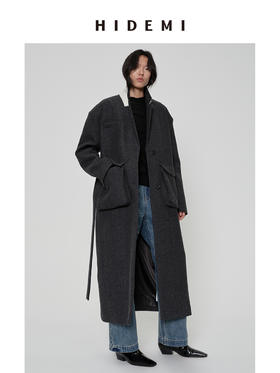 HIDEMI 极简大立体口袋设计感飞行员式领底呢手工式拼接宽肩大廓形绵羊毛厚款长款可拆卸腰带毛呢西装大衣外套 深灰色/藏蓝色