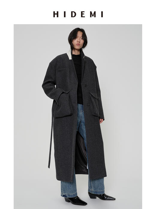 HIDEMI 极简大立体口袋设计感飞行员式领底呢手工式拼接宽肩大廓形绵羊毛厚款长款可拆卸腰带毛呢西装大衣外套 深灰色/藏蓝色 商品图0