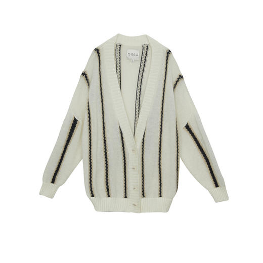 谜底条纹针织开衫女2024秋季新品慵懒风V领中长款毛衣243GZ1316 商品图4