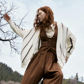 谜底条纹针织开衫女2024秋季新品慵懒风V领中长款毛衣243GZ1316