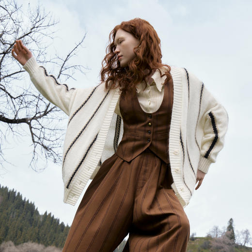 谜底条纹针织开衫女2024秋季新品慵懒风V领中长款毛衣243GZ1316 商品图0