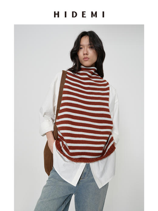 HIDEMI 【卢昱晓同款】美利奴羊毛极简条纹小立领大廓形毛织马甲背心 红白/棕蓝 商品图2