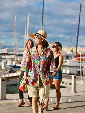 万花筒 意大利进口纯棉印花古巴领度假感短袖衬衫