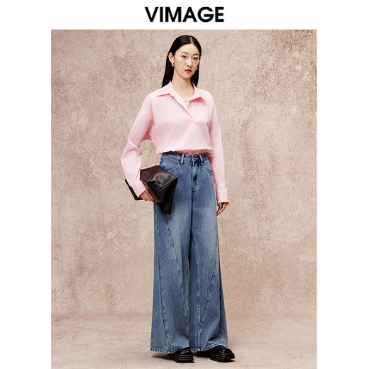 VIMAGE纬漫纪秋季新款简约时尚粉色通勤显瘦衬衫上衣V2213843 商品图1