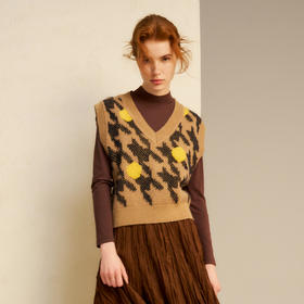 谜底V领套头针织衫马甲2024秋新品短款原创图案毛衫背心243MZ1326