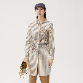 谜底条纹衬衣裙长袖2024秋季新品复古风绣花宽松直筒裙243ML1142