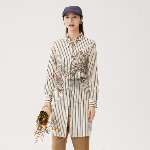 谜底条纹衬衣裙长袖2024秋季新品复古风绣花宽松直筒裙243ML1142 商品图0