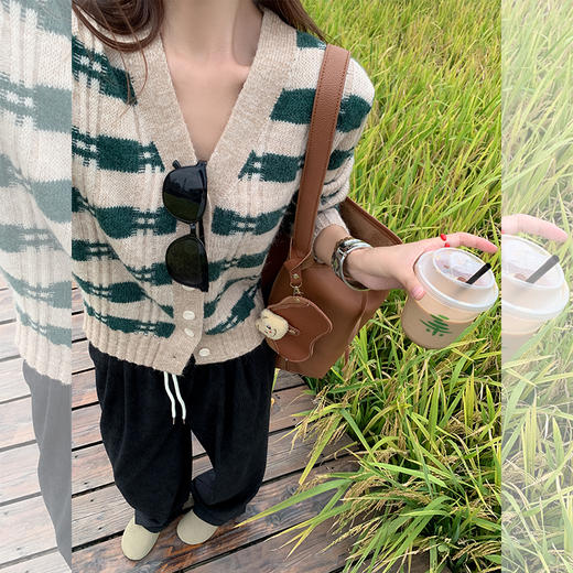 <曾小咸推荐>最后一波现货！法式复古V领绿色条纹毛衣开衫 日常189.99 立减100 秒杀89.99！！ 商品图4