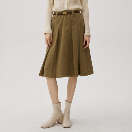 谜底毛呢半身裙2024秋新品通勤风气质高腰百褶裙中长裙243MB1133 商品图0