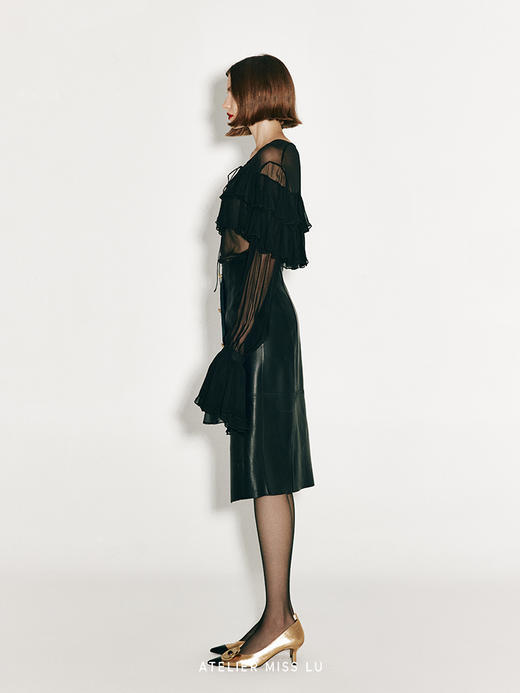 【乌玛瑟曼】多裁片拼接修身羊皮半裙 商品图3