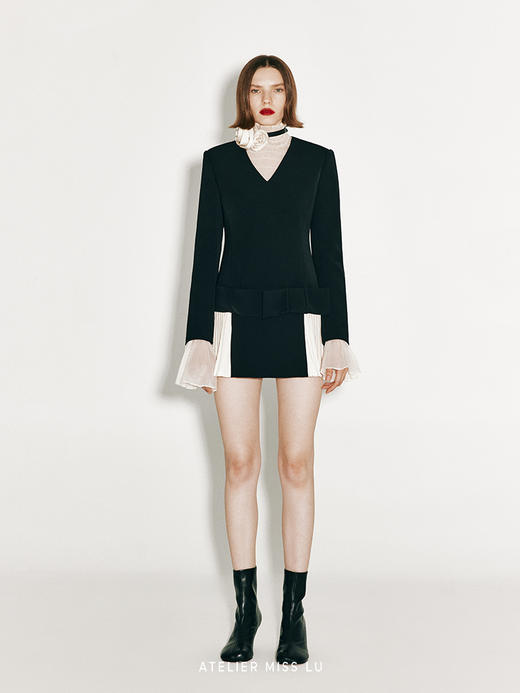 【爵士芭蕾】百褶撞色拼接低腰长袖连衣裙 商品图0