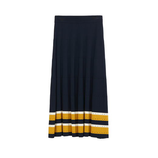 谜底针织半身裙2024秋新品文艺风百搭撞色拼接大摆长裙243MZ1303 商品图4