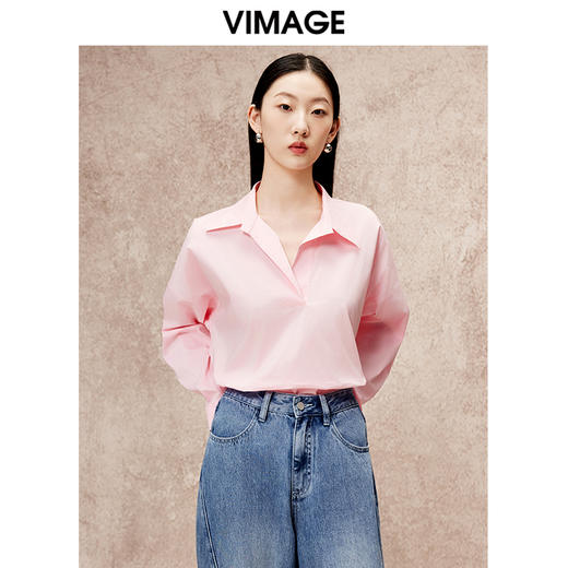 VIMAGE纬漫纪秋季新款简约时尚粉色通勤显瘦衬衫上衣V2213843 商品图2