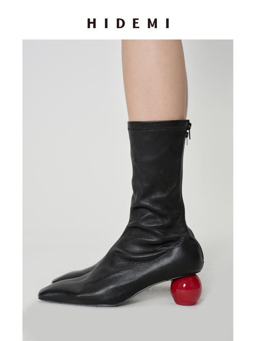 HIDEMI 【当当同款】做旧感进口弹力羊皮艺术感撞色球体异形跟中跟显瘦踝靴 古铜棕麂皮/黑色光面皮 商品图6