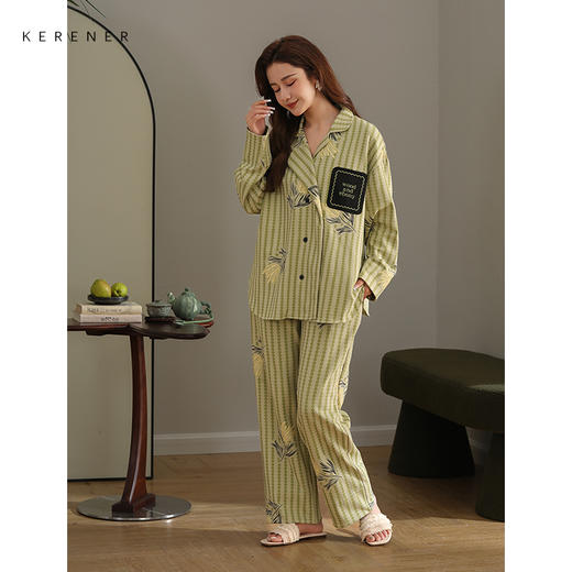 可人儿春秋季柔软棉睡衣女士韩版日式和服长袖纯棉外穿家居服套装 商品图2