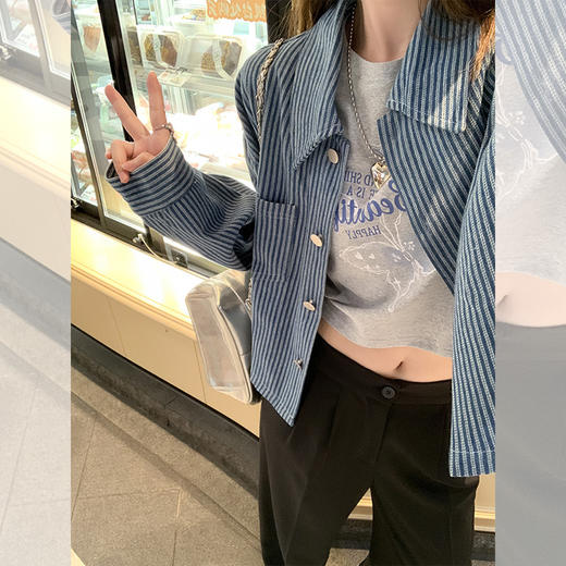 <曾小咸推荐>港风复古蓝色竖条纹牛仔衬衫外套 商品图0