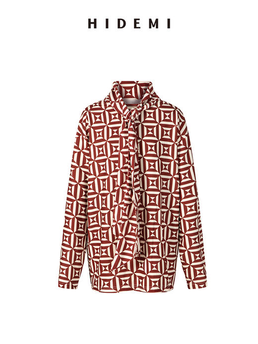 HIDEMI 经典几何印花系列极简丝巾多穿式缎面衬衫上衣 商品图6