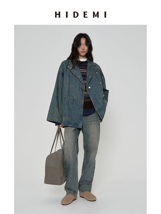 HIDEMI【吴千语同款】多重水洗泛白做旧感中低腰直筒牛仔裤 商品图5