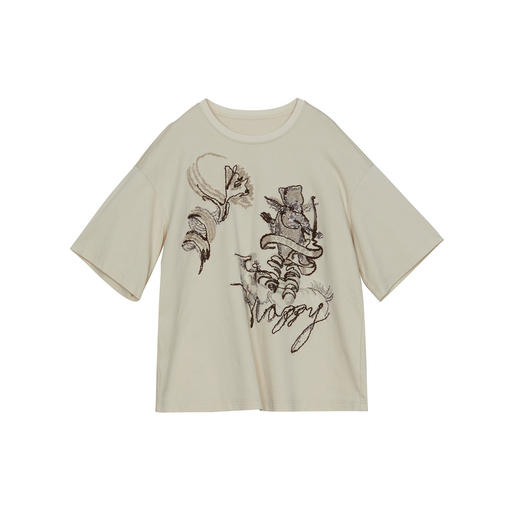 谜底圆领T恤短袖女2024秋新品百搭休闲趣味绣花宽松上衣243MT1008 商品图4