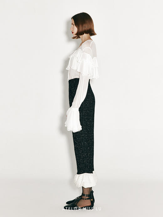 【云朵上的猫】亮片粗花呢花苞下摆直筒长裤 商品图1