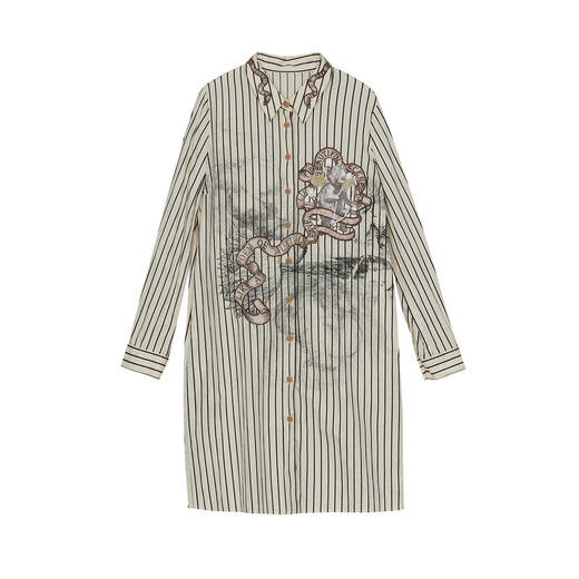 谜底条纹衬衣裙长袖2024秋季新品复古风绣花宽松直筒裙243ML1142 商品图4