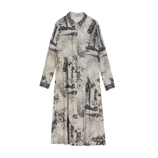 谜底印花连衣裙长袖2024秋季新品复古文艺风衬衫式长裙243ML1131 商品图4