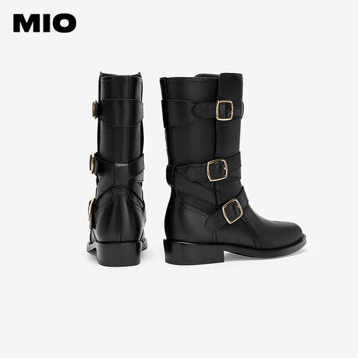 MIO米奥秋冬质感小众酷飒骑士靴复古扣带厚底圆头靴子女M245781391 商品图3
