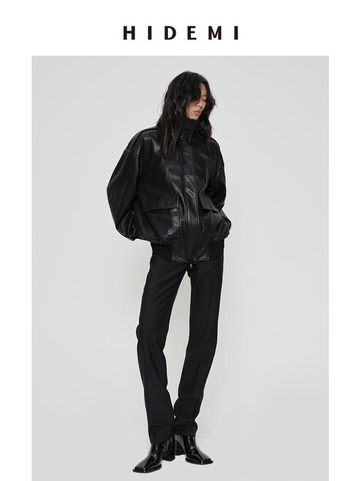 HIDEMI 极简大廓形口袋设计感飞行员立领式oversize落肩款可再生环保皮衣外套 商品图4