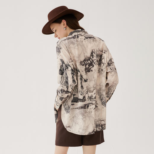 谜底花色衬衫长袖女2024秋季新品复古风宽松中长款衬衣243MC1146 商品图2