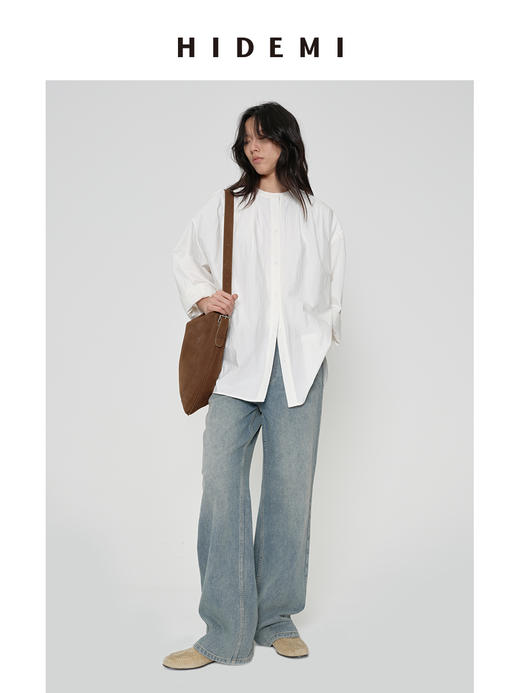 HIDEMI 甄选长绒棉酵素水洗做旧感空气微褶皱圆领极简大廓形oversize衬衫 商品图1