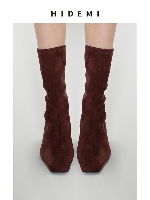 HIDEMI 【当当同款】做旧感进口弹力羊皮艺术感撞色球体异形跟中跟显瘦踝靴 古铜棕麂皮/黑色光面皮 商品图11