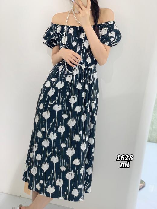 34GAR071628#韩系温柔风灯笼袖印花绑带收腰连衣裙 商品图1