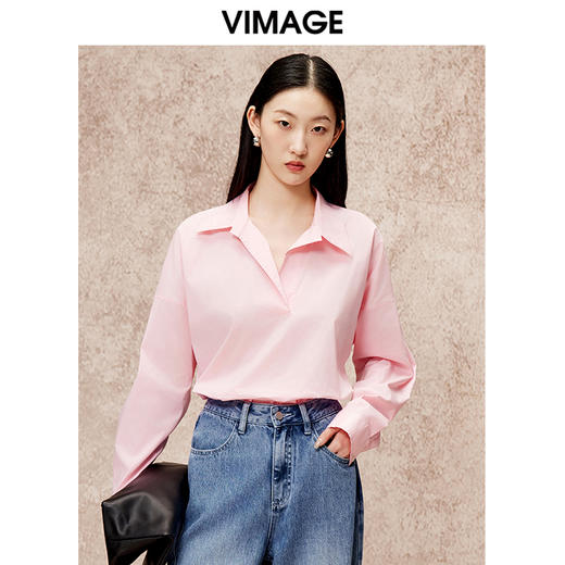 VIMAGE纬漫纪秋季新款简约时尚粉色通勤显瘦衬衫上衣V2213843 商品图0