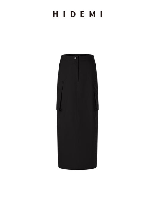 HIDEMI 水洗做旧感斜纹棉口袋工装式半身裙 黑色/古铜棕红 商品图9