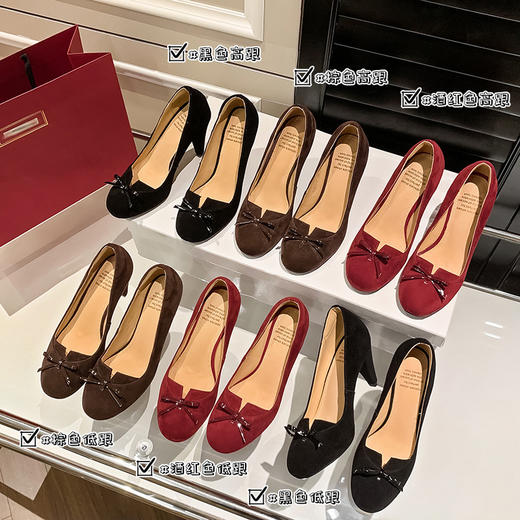 BSH4013015两种跟高大长腿锥形超高跟2024春圆头蝴蝶结羊反绒面单鞋女42大码 商品图0