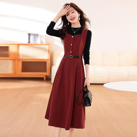 HR WA231139气质时尚优雅纯色收腰显瘦背带连衣裙两件套 商品图3