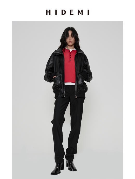 HIDEMI 极简大廓形口袋设计感飞行员立领式oversize落肩款可再生环保皮衣外套 商品图5