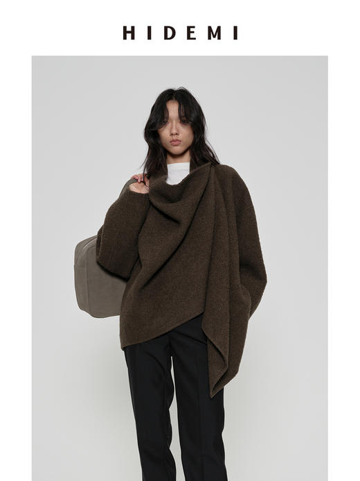 HIDEMI 极简廓形设计感不对称堆堆领围裹式进口绵羊毛艺术肌理感粗花呢毛呢中长款大衣 茶褐棕/古铜红 商品图9