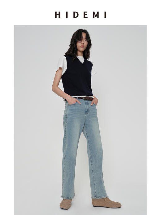 HIDEMI多重水洗做旧感牛仔蓝显瘦直筒街头感休闲牛仔裤 商品图3
