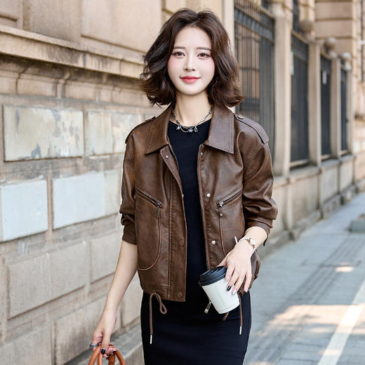 HR WZ11039气质时尚复古简约大方遮肉显瘦翻领PU皮外套 商品图3